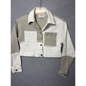 rue21 Womens Colorblock Cropped Denim Jacket White Tan Neutral Size S